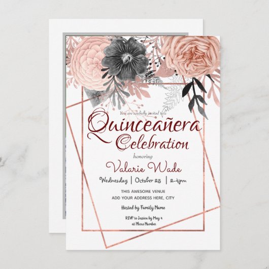 Quinceañera Celebration Pink Roses Floral Einladung (Vorne/Hinten)