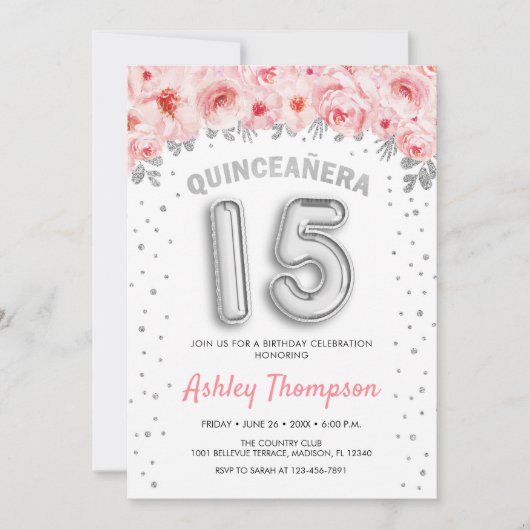 Quinceanera Celebration - Rosa Silberballons Einladung (Vorderseite)