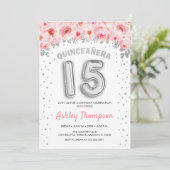 Quinceanera Celebration - Rosa Silberballons Einladung (Stehend Vorderseite)