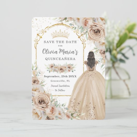 Quinceañera Champagne Beige Cream Floral Princess Save The Date (Stehend Vorderseite)