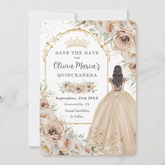 Quinceañera Champagne Beige Cream Floral Princess Save The Date (Vorderseite)