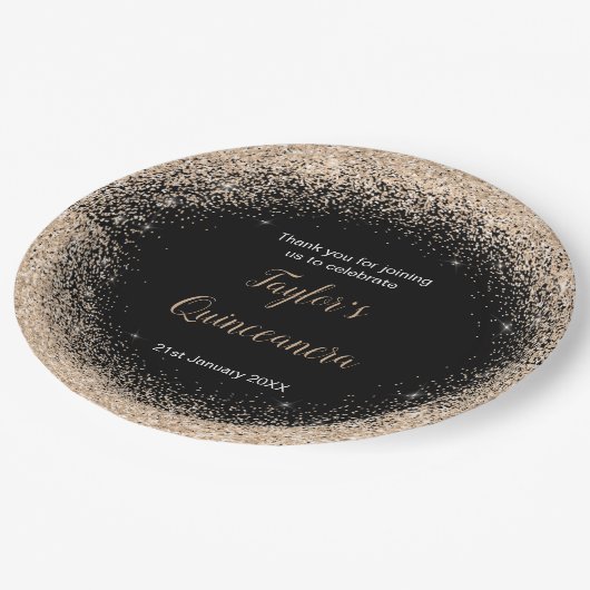 Quinceanera Champagne Imitate Glitzer Pappteller (Schrägansicht)