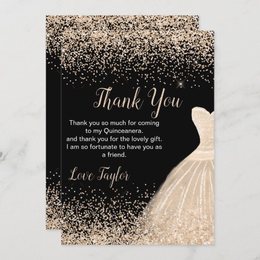 Quinceanera Champagne White Dress Faux Glitter Dankeskarte (Vorne/Hinten)