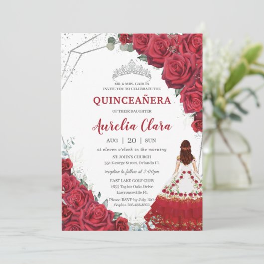 Quinceañera Charro Dress Rote Rosen Blumensilber Einladung (Stehend Vorderseite)