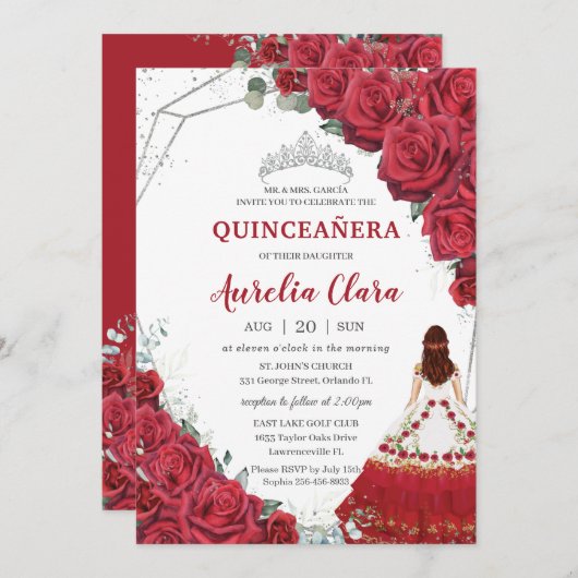 Quinceañera Charro Dress Rote Rosen Blumensilber Einladung (Vorne/Hinten)