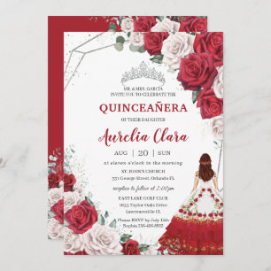 Quinceañera Charro Red White Roses Floral Silver Einladung