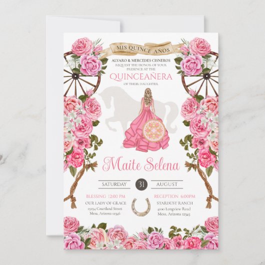 Quinceanera Charro Rodelbahn mit Aussicht Rosa Wes Einladung (Vorderseite)