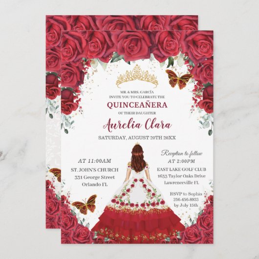 Quinceañera Charro Rote Blütenprinzessin Pferdesch Einladung (Vorne/Hinten)