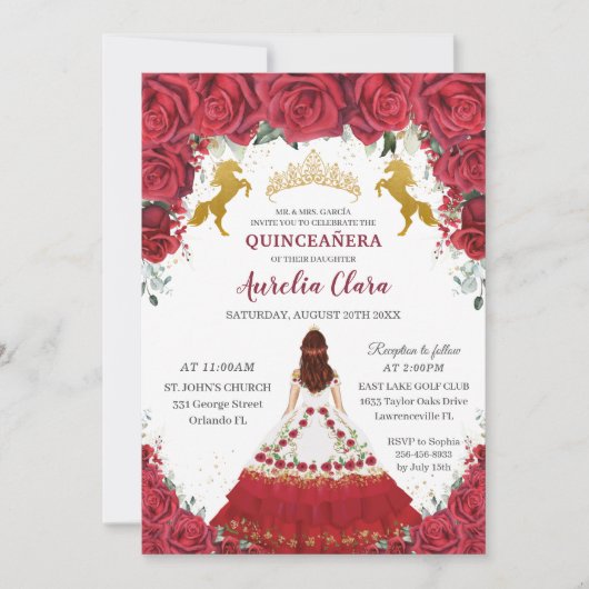 Quinceañera Charro Rote Flora Prinzessin Gold Pfer Einladung (Vorderseite)
