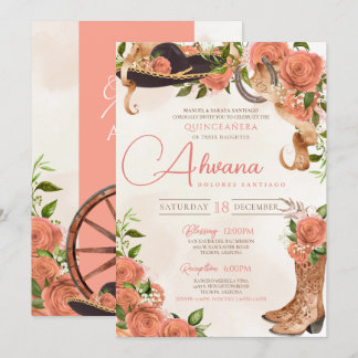 Quinceañera Charro Western Peach Pink Rosa Blüte Einladung