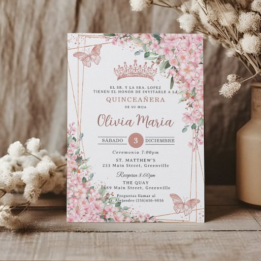 Quinceañera Cherry Blüten Rose Gold Schmetterlinge Einladung