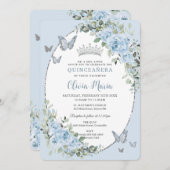 Quinceañera Chic Baby Blue Floral Butterfliegen Einladung (Vorne/Hinten)