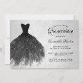 Quinceanera Chic Black Dress on Silver Party Invit Einladung (Vorderseite)