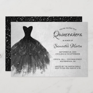 Quinceanera Chic Black Dress Silver Glam Party Einladung