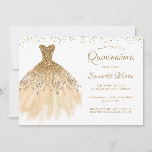 Quinceanera Chic Gold Dress Glitzer Weißes Party Einladung (Vorderseite)