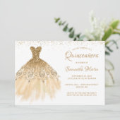 Quinceanera Chic Gold Dress Glitzer Weißes Party Einladung (Stehend Vorderseite)
