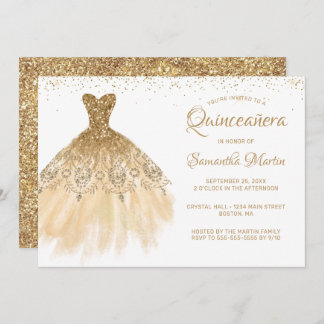 Quinceanera Chic Gold Dress Glitzer Weißes Party Einladung