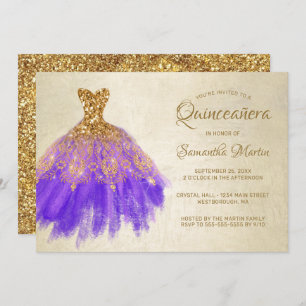 Quinceanera Chic Gold Lila Dress Gold Glam Party Einladung