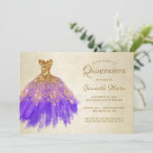 Quinceanera Chic Gold Lila Dress on Gold Party I Einladung (Stehend Vorderseite)