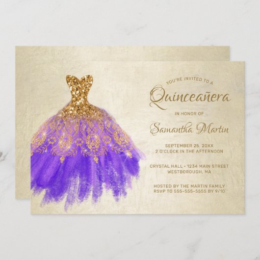 Quinceanera Chic Gold Lila Dress on Gold Party I Einladung (Vorne/Hinten)
