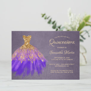 Quinceanera Chic Gold Lila Dress on Plum Party Einladung