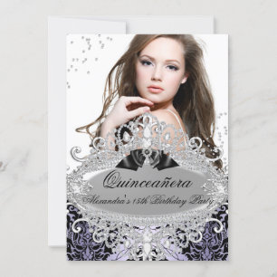 Quinceanera Chic Lila Damast Diamant Juwel Foto Einladung