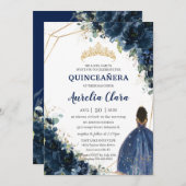 Quinceañera Chic Navy Blue Floral Brown Princess Einladung (Vorne/Hinten)