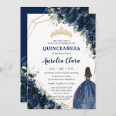 Quinceañera Chic Navy Blue Floral Princess Crown Einladung (Vorne/Hinten)