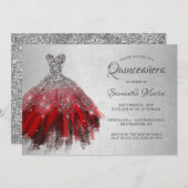 Quinceanera Chic Red Silver Dress Glitzer Party Einladung (Vorne/Hinten)