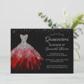 Quinceañera Chic Red Silver Dress Party Einladung (Stehend Vorderseite)