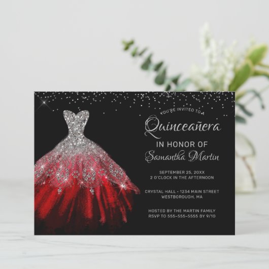 Quinceañera Chic Red Silver Dress Party Einladung (Stehend Vorderseite)