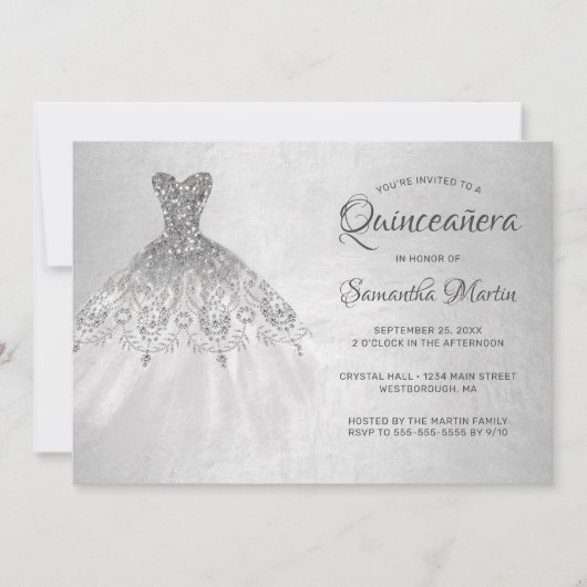Quinceanera Chic Silver Dress on Silver Party Einladung (Vorderseite)