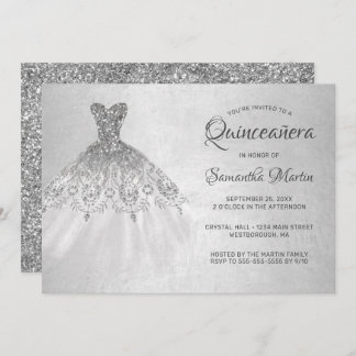 Quinceanera Chic Silver Dress Silver Glitzer Party Einladung