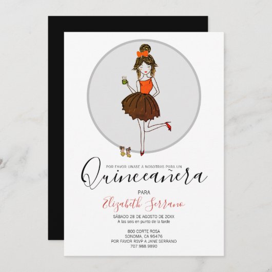 Quinceanera Chica en vestido de fiesta invitación Einladung (Vorne/Hinten)