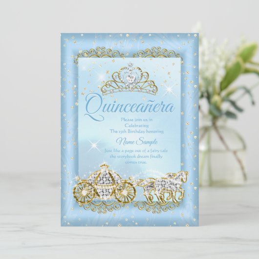 Quinceanera Cinderella Blue Märytale Carriage Einladung (Stehend Vorderseite)