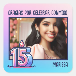 Quinceañera Con Foto Y Nombre Rosa Azul Morado Quadratischer Aufkleber