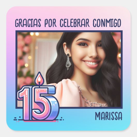 Quinceañera Con Foto Y Nombre Rosa Azul Morado Quadratischer Aufkleber (Vorderseite)