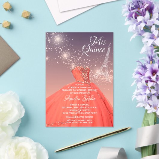 Quinceañera Coral Dress Eiffel Tower Acryleinladungen (In Situ (Hochzeit))