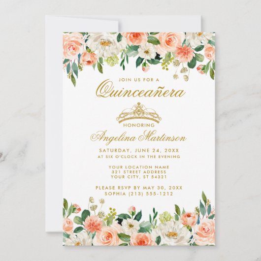 Quinceanera Coral Floral Gold Crown Einladung (Vorderseite)
