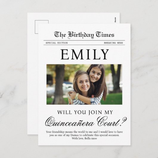 Quinceañera Court Vorschlag Zeitung Postkarte (Vorne/Hinten)