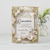 Quinceanera Cream Floral Gold Weißes Tiara Party Einladung (Stehend Vorderseite)