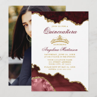 Quinceanera Crown Burgundy Gold Marmor Foto Einladung