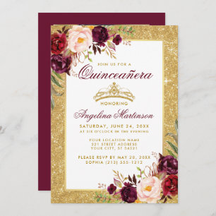 Quinceanera Crown Floral Burgund Glitzer Foto Einladung