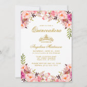 Quinceanera Crown Pink Blush Floral Gold Einladung (Vorderseite)