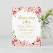 Quinceanera Crown Pink Blush Floral Gold Einladung (Stehend Vorderseite)