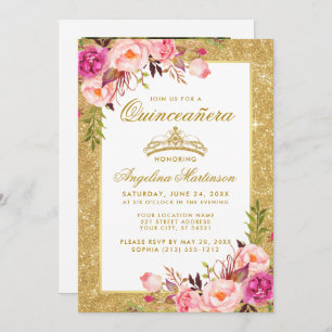 Quinceanera Crown Pink Floral Gold Glitzer Foto Einladung