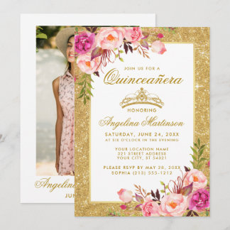 Quinceanera Crown Pink Floral Gold Glitzer Foto Einladung