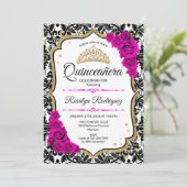 Quinceanera - Damask Pink Gold Einladung (Stehend Vorderseite)