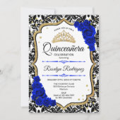 Quinceanera - Damask Royal Blue Gold Einladung (Vorderseite)