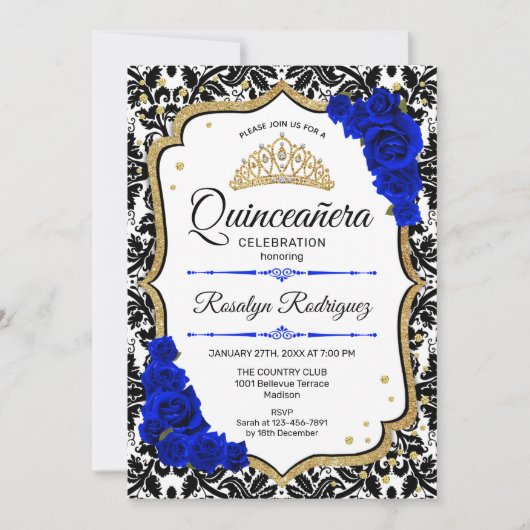 Quinceanera - Damask Royal Blue Gold Einladung (Vorderseite)